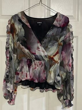 Express Sheer Floral Wrap Blouse XS